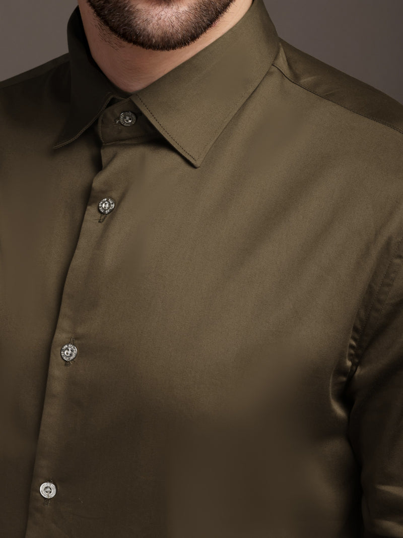 Mehendi Green Plain Poly Satin Lycra Shirt with Silver Metal Button - Premium, Unbreakable button