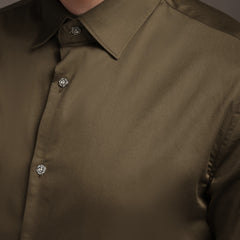Mehendi Green Plain Poly Satin Lycra Shirt with Silver Metal Button - Premium, Unbreakable button