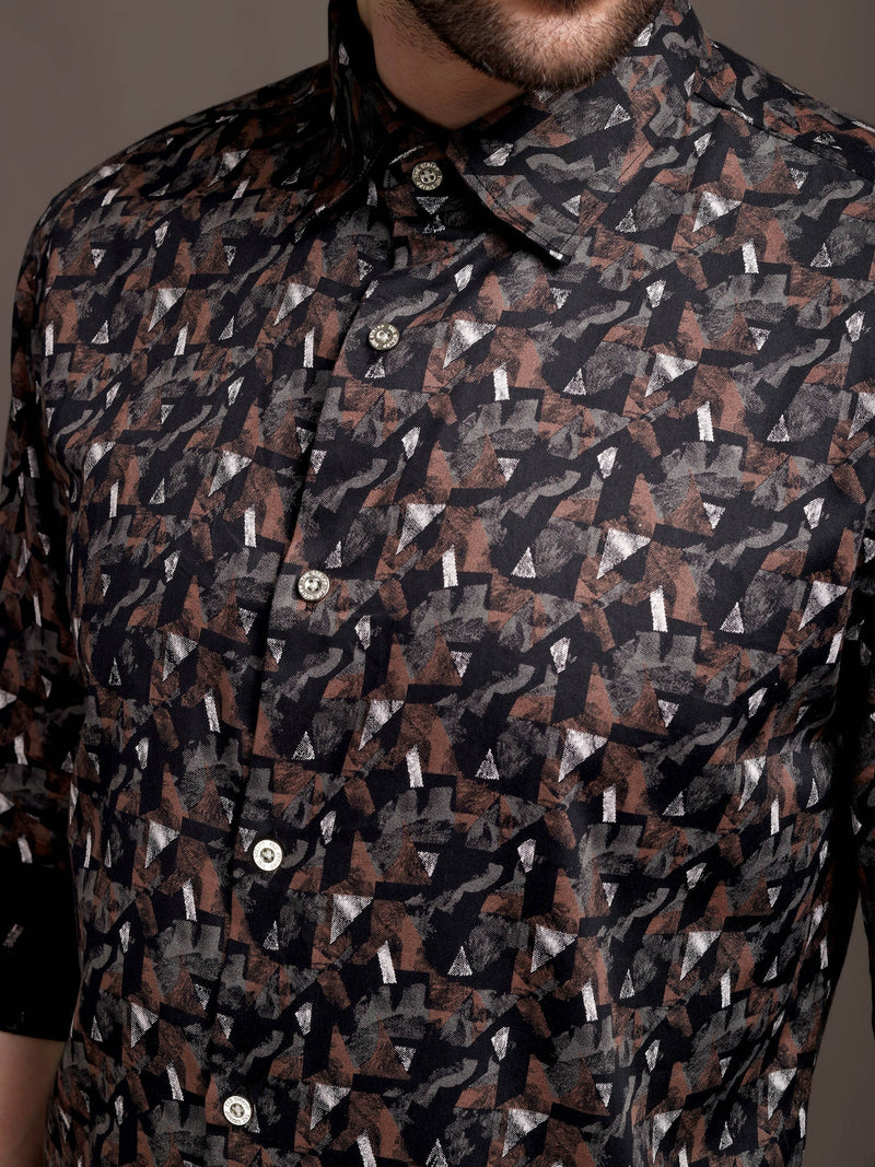 Cocoa Black and Brown Printed Bulgari Satin Discharge Shirt with Metal Button - Premium