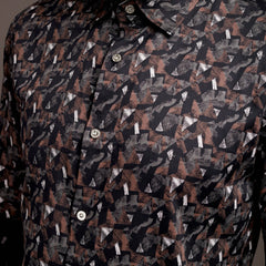 Cocoa Black and Brown Printed Bulgari Satin Discharge Shirt with Metal Button - Premium