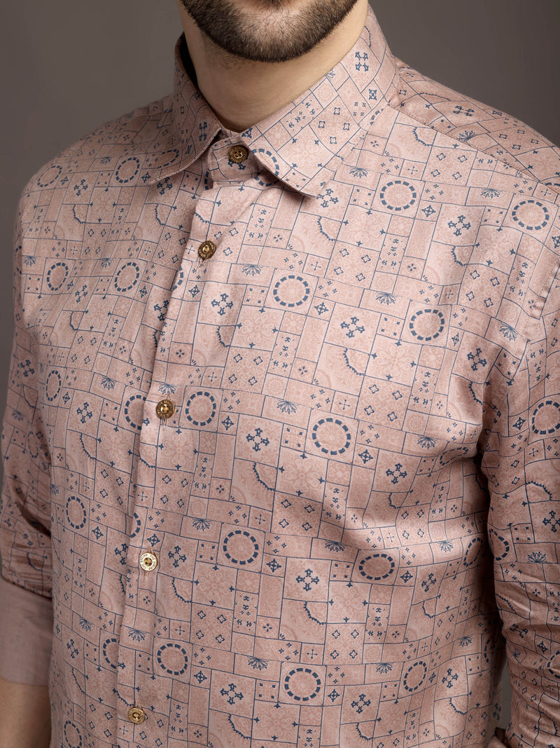 Peach Veromoda Printed Bulgari Satin Discharge Shirt with Copper Metal Button - Premium