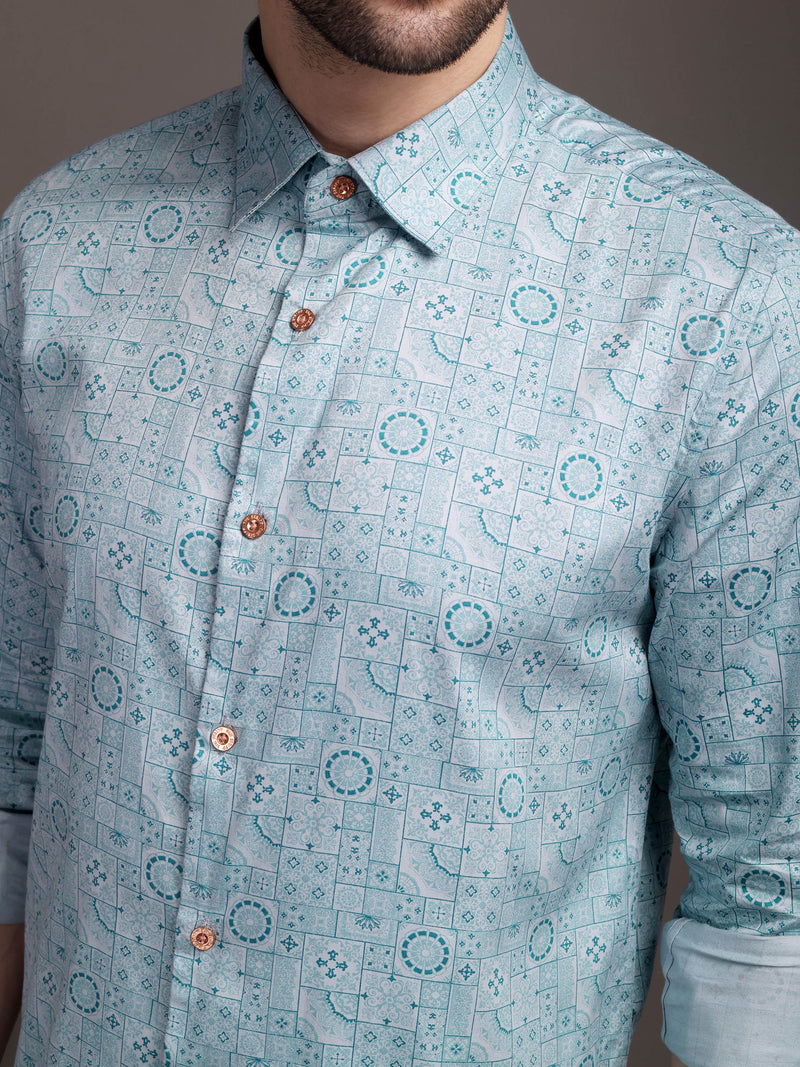 Sky Blue Printed Bulgari Satin Discharge Shirt with Metal Button - Premium