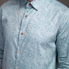 Sky Blue Printed Bulgari Satin Discharge Shirt with Metal Button - Premium