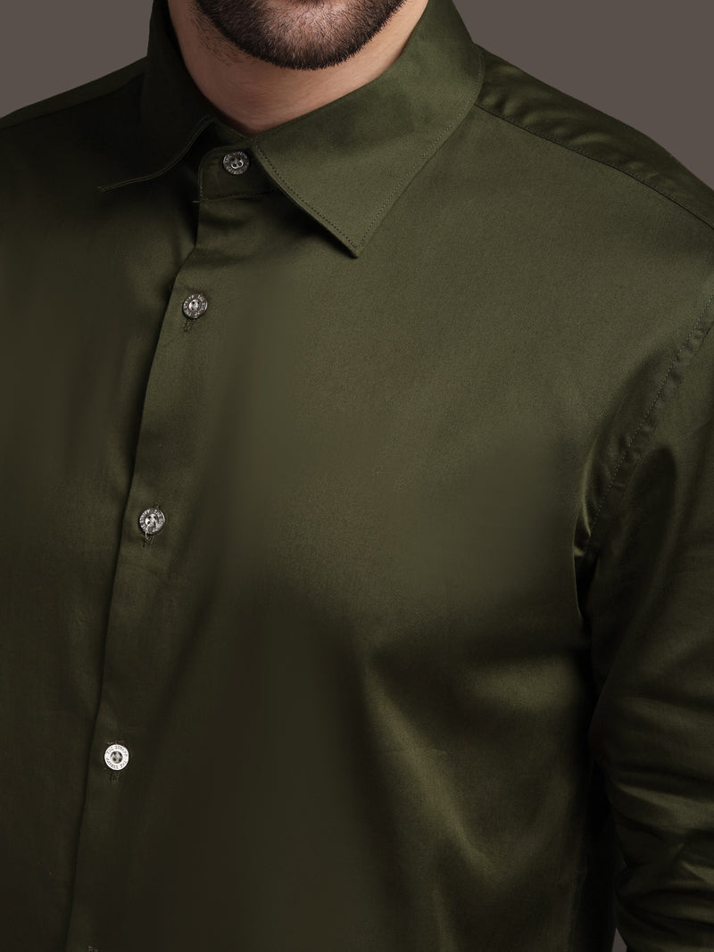 Army Green Plain Poly Satin Lycra Shirt with Silver Metal Button - Premium, Unbreakable button