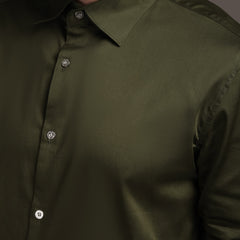 Army Green Plain Poly Satin Lycra Shirt with Silver Metal Button - Premium, Unbreakable button