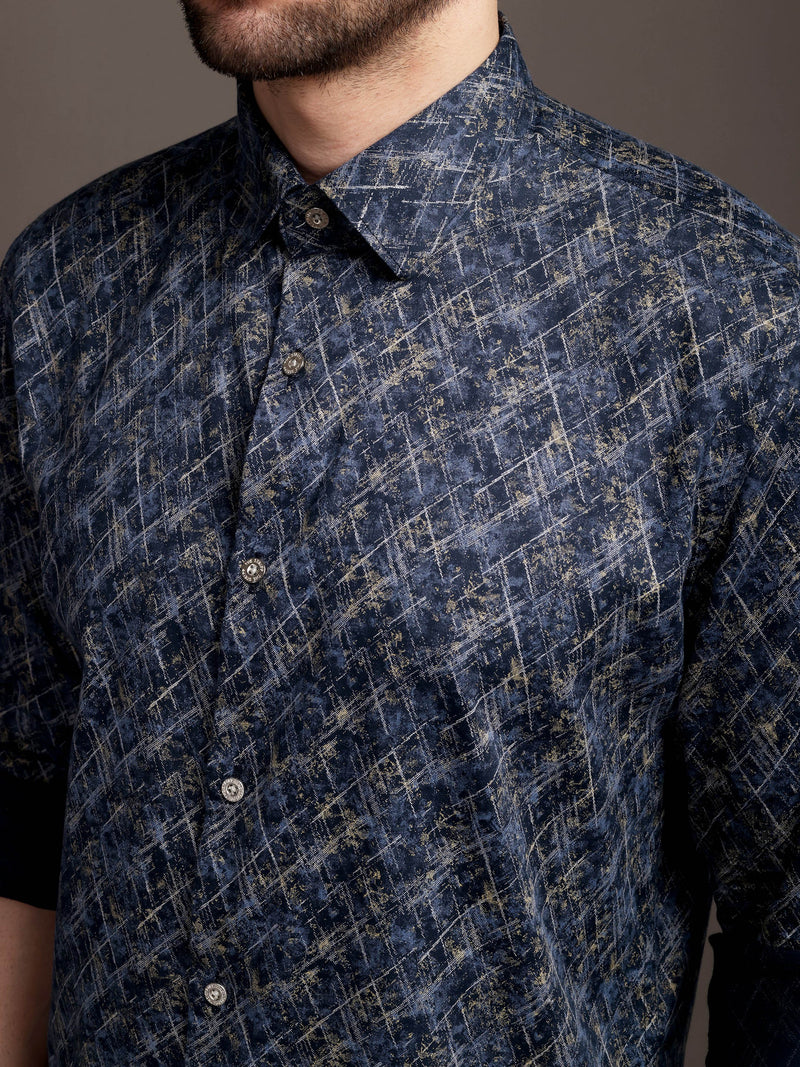 Meta Blue Printed Bulgari Satin Discharge Shirt with Metal Button - Premium