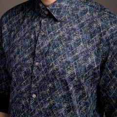 Meta Blue Printed Bulgari Satin Discharge Shirt with Metal Button - Premium