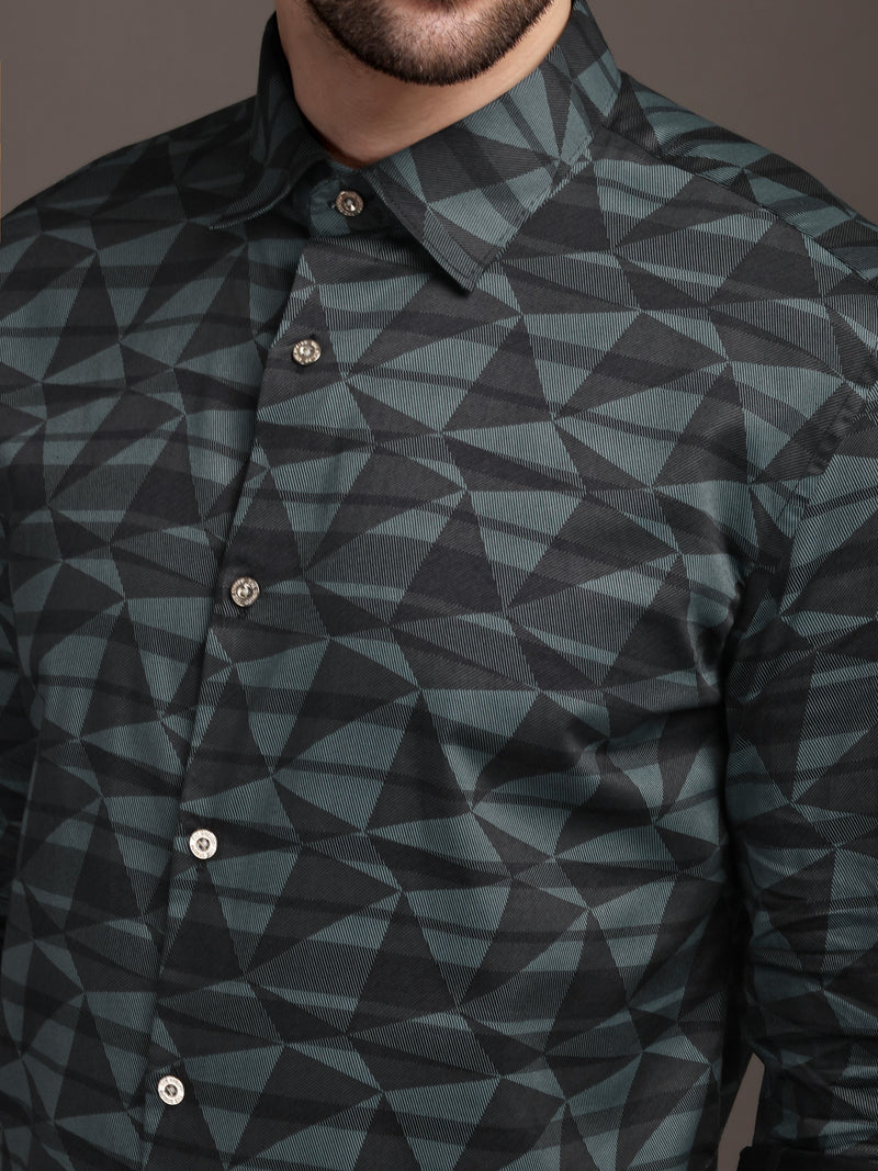 Sea Underground Green Bulgari Satin Discharge Shirt with Silver Metal ButtonPremium
