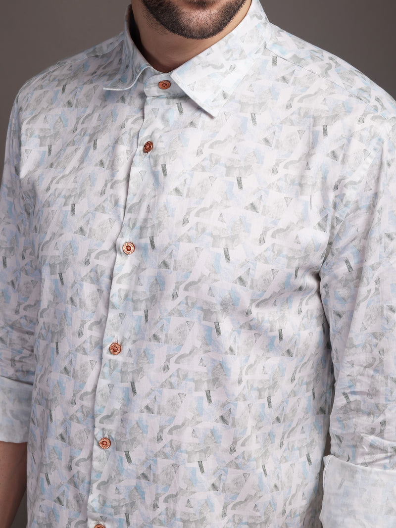 Whitish Blue Printed Bulgari Satin Discharge Shirt with Copper Metal Button - Premium, Unbreakable button