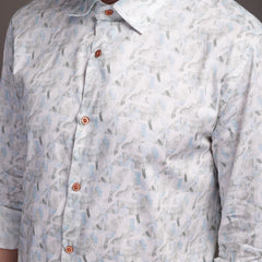 Whitish Blue Printed Bulgari Satin Discharge Shirt with Copper Metal Button - Premium, Unbreakable button