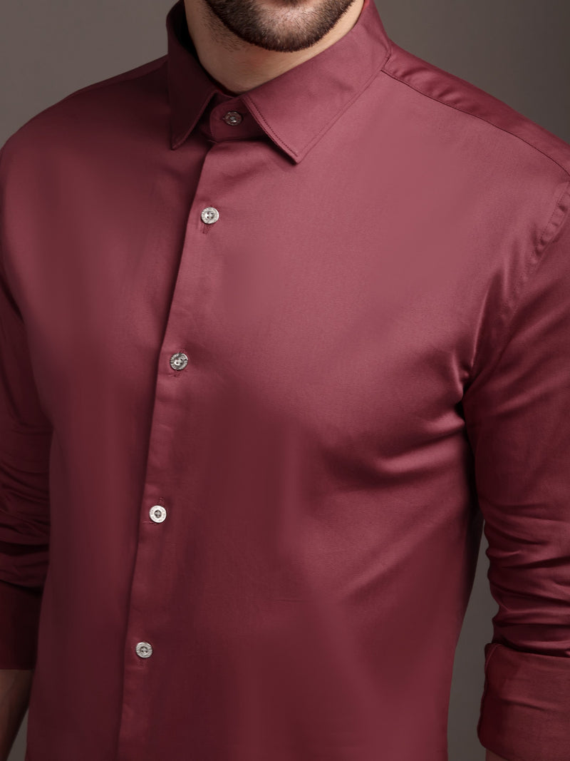 Dark Magenta Pink Plain Poly Satin Lycra Shirt with Silver Metal Button - Premium, Unbreakable button