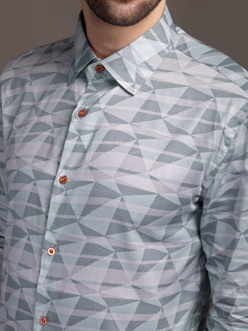 Grey Strippes Bulgari Satin Discharge Shirt with Copper Metal Button-Premium