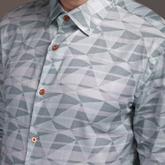 Grey Strippes Bulgari Satin Discharge Shirt with Copper Metal Button-Premium
