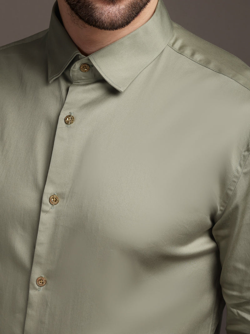 Light Olive Green Color Plain Poly Satin Lycra Shirt with Gold Metal Button - Premium, Unbreakable button