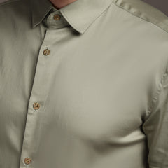 Light Olive Green Color Plain Poly Satin Lycra Shirt with Gold Metal Button - Premium, Unbreakable button