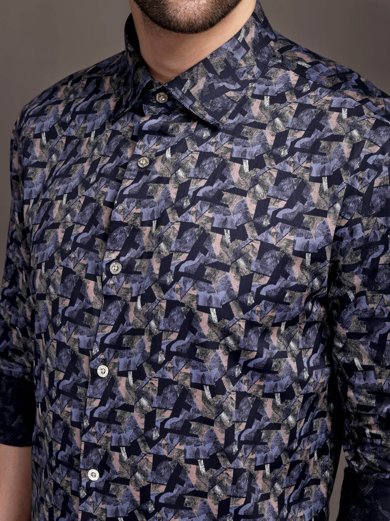 Berry Violet & Shiny Black Printed Printed Bulgari Satin Discharge Shirt with Metal Button - Premium