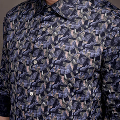 Berry Violet & Shiny Black Printed Printed Bulgari Satin Discharge Shirt with Metal Button - Premium