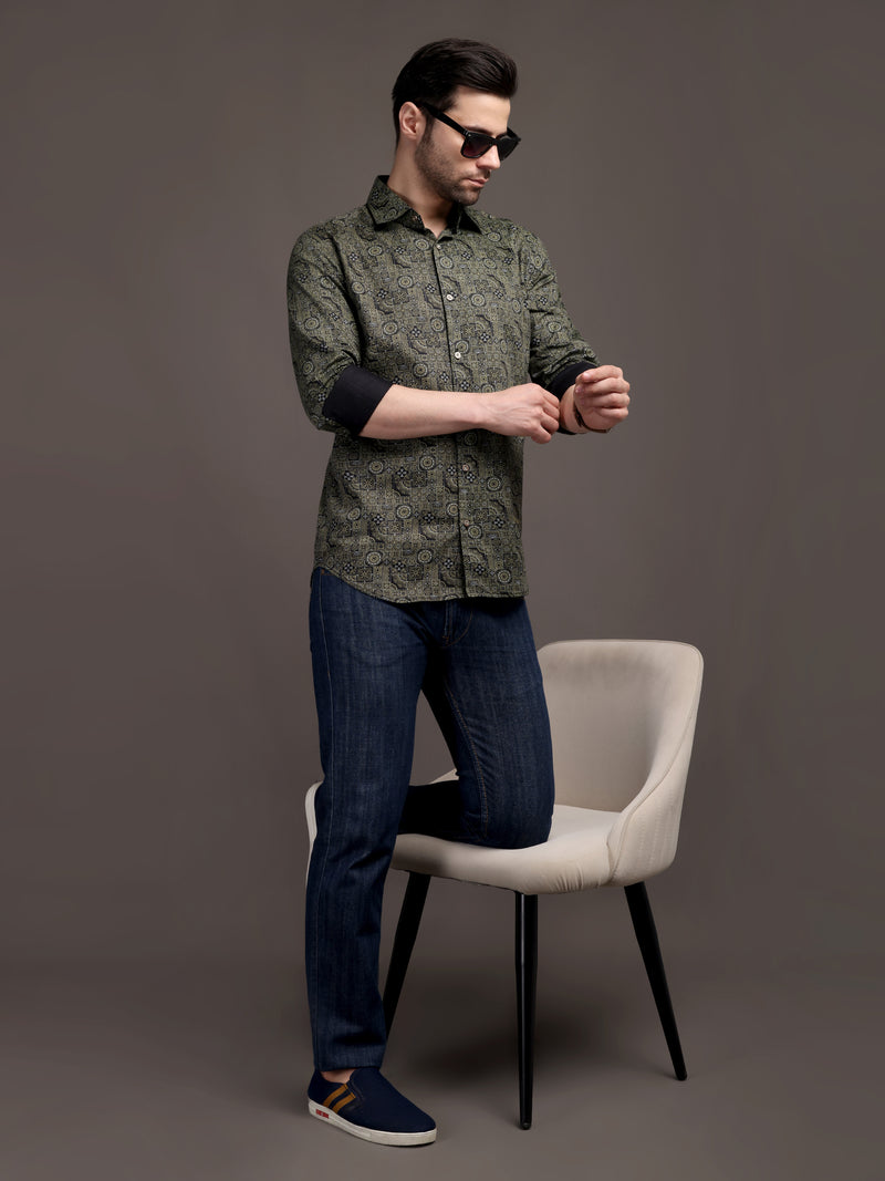 Mehendi/Sea Green Printed Bulgari Satin Discharge Shirt with Metal Button - Premium