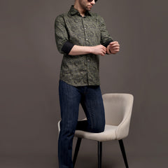 Mehendi/Sea Green Printed Bulgari Satin Discharge Shirt with Metal Button - Premium