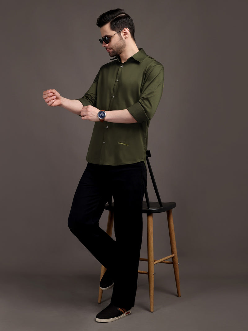 Army Green Plain Poly Satin Lycra Shirt with Silver Metal Button - Premium, Unbreakable button