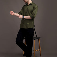 Army Green Plain Poly Satin Lycra Shirt with Silver Metal Button - Premium, Unbreakable button