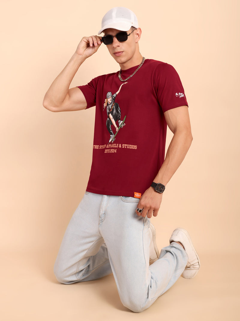 BURGUNDY MAROON, IMPORTED COTTON BIO WASHED-FEEL SOFT CREW NECK T SHIRT