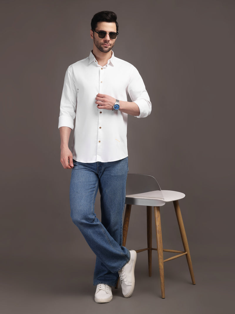 Milky White Plain Poly Satin Lycra Shirt with Copper Metal Button - Premium, Unbreakable button