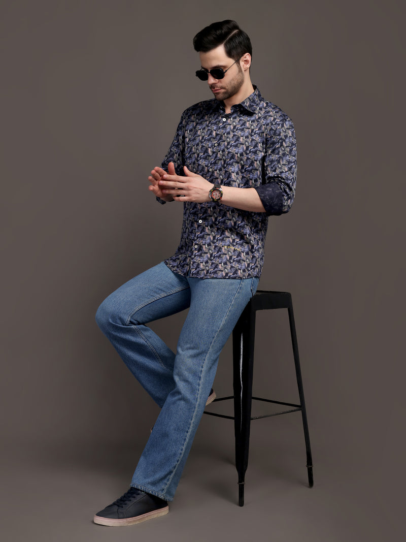Berry Violet & Shiny Black Printed Printed Bulgari Satin Discharge Shirt with Metal Button - Premium