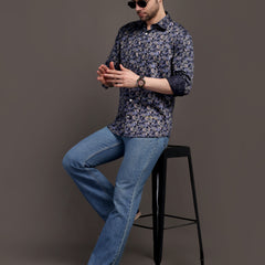 Berry Violet & Shiny Black Printed Printed Bulgari Satin Discharge Shirt with Metal Button - Premium