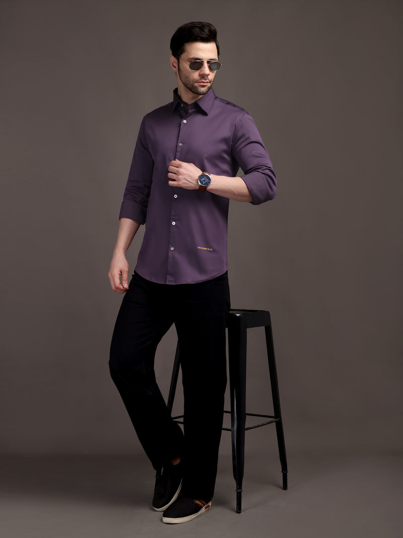 Violet/Lavendour Plain Poly Satin Lycra Shirt with Silver Metal Button - Premium, Unbreakable button