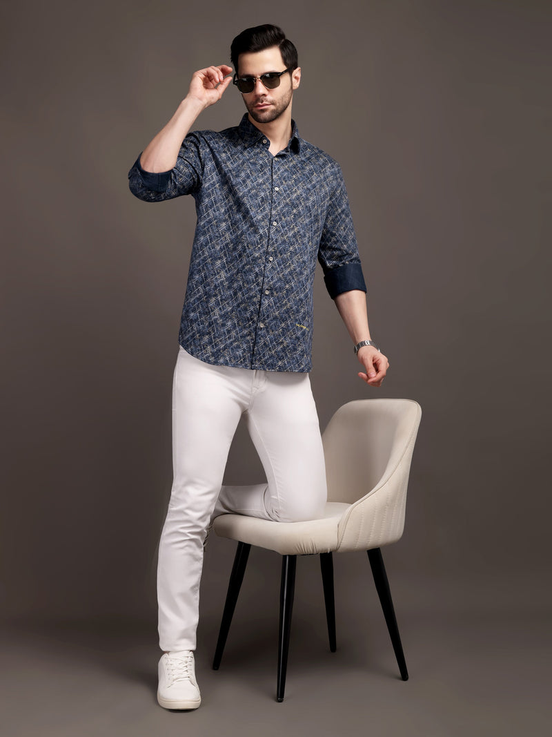 Meta Blue Printed Bulgari Satin Discharge Shirt with Metal Button - Premium