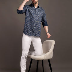 Meta Blue Printed Bulgari Satin Discharge Shirt with Metal Button - Premium