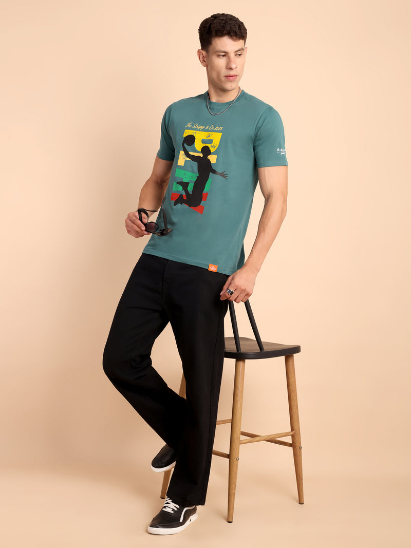 STEEL SEA GREEN, IMPORTED COTTON BIO WASHED-FEEL SOFT CREW NECK T SHIRT