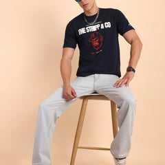 NAVY BLUE, IMPORTED COTTON BIO WASHED-FEEL SOFT CREW NECK T SHIRT