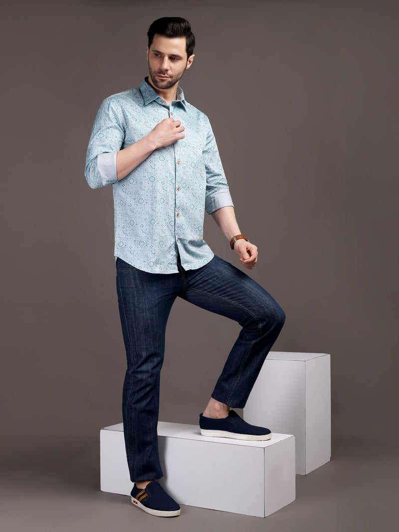 Sky Blue Printed Bulgari Satin Discharge Shirt with Metal Button - Premium