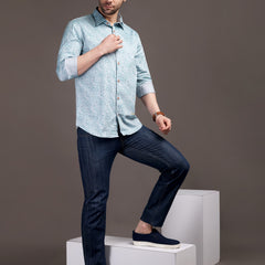 Sky Blue Printed Bulgari Satin Discharge Shirt with Metal Button - Premium