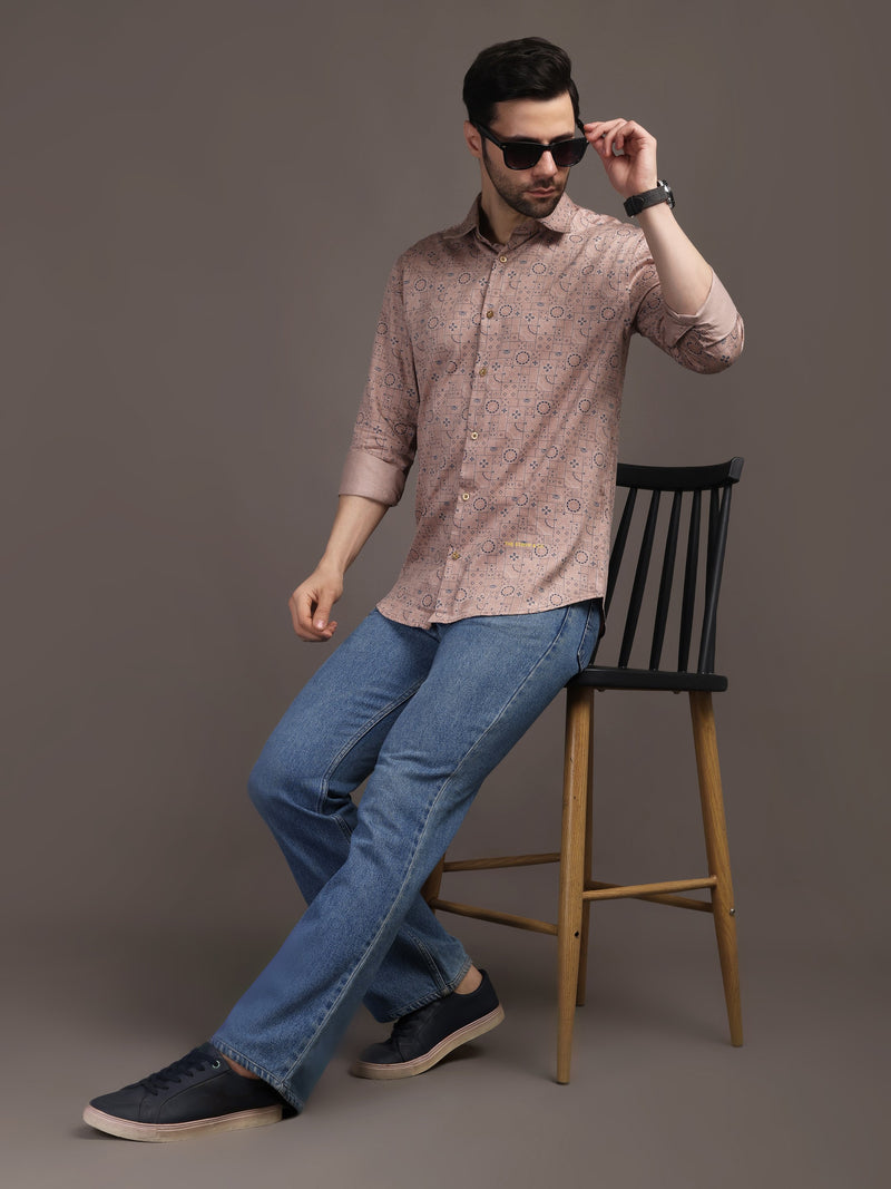 Peach Veromoda Printed Bulgari Satin Discharge Shirt with Copper Metal Button - Premium