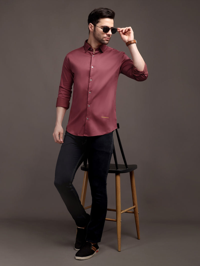 Dark Magenta Pink Plain Poly Satin Lycra Shirt with Silver Metal Button - Premium, Unbreakable button