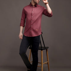 Dark Magenta Pink Plain Poly Satin Lycra Shirt with Silver Metal Button - Premium, Unbreakable button