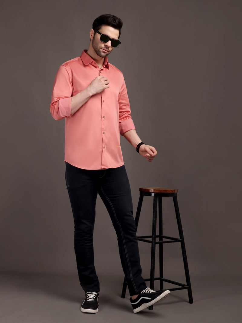 Veromoda Peach Plain Poly Satin Lycra Shirt with Gold Metal Button - Premium, Unbreakable button