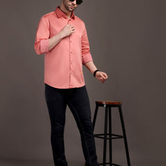 Veromoda Peach Plain Poly Satin Lycra Shirt with Gold Metal Button - Premium, Unbreakable button