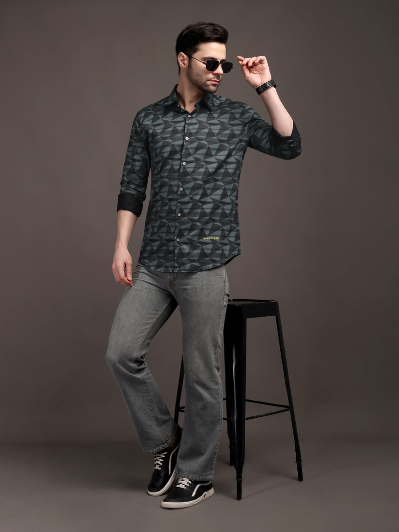 Sea Underground Green Bulgari Satin Discharge Shirt with Silver Metal ButtonPremium