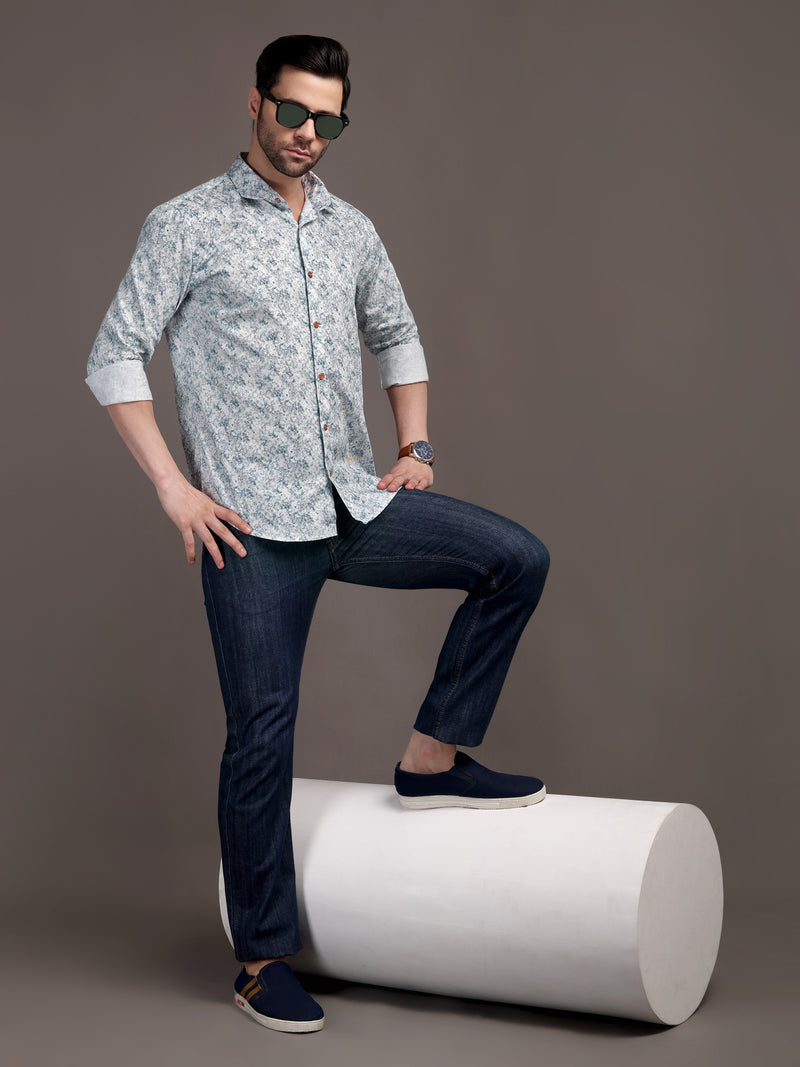 Heaven Blue & White Printed Bulgari Satin Discharge Shirt with Copper Metal Button - Premium