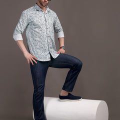 Heaven Blue & White Printed Bulgari Satin Discharge Shirt with Copper Metal Button - Premium