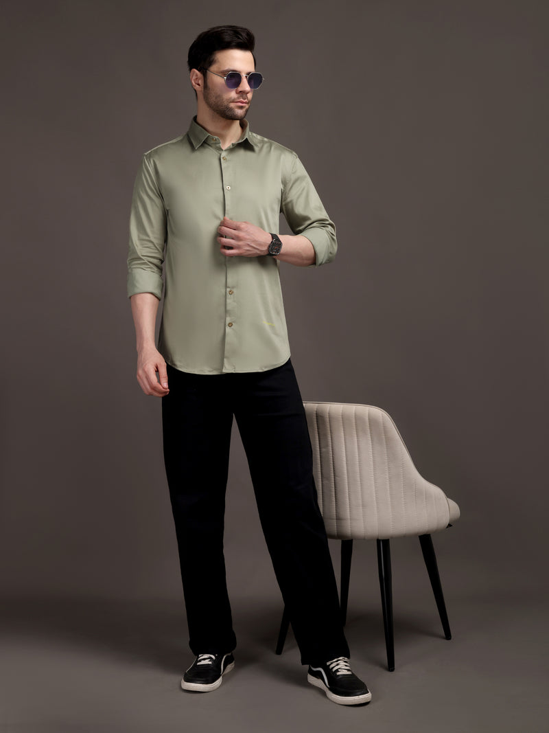 Light Olive Green Color Plain Poly Satin Lycra Shirt with Gold Metal Button - Premium, Unbreakable button