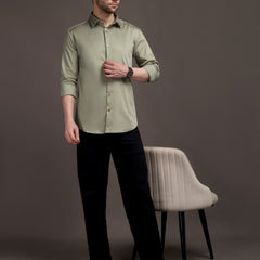 Light Olive Green Color Plain Poly Satin Lycra Shirt with Gold Metal Button - Premium, Unbreakable button
