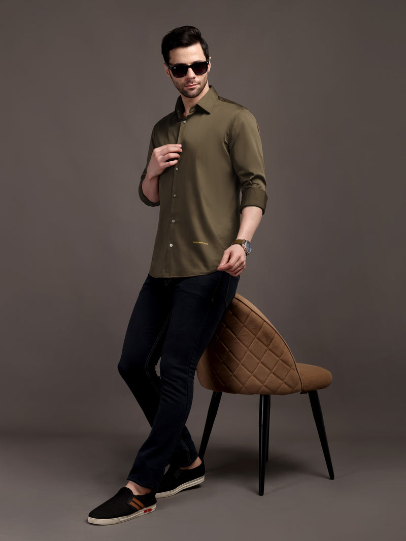 Mehendi Green Plain Poly Satin Lycra Shirt with Silver Metal Button - Premium, Unbreakable button