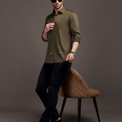 Mehendi Green Plain Poly Satin Lycra Shirt with Silver Metal Button - Premium, Unbreakable button