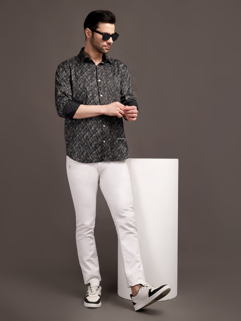 Metal Black Printed Bulgari Satin Discharge Shirt with Metal Button - Premium