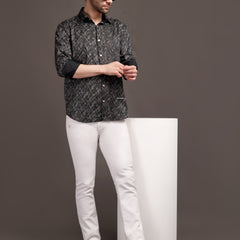 Metal Black Printed Bulgari Satin Discharge Shirt with Metal Button - Premium